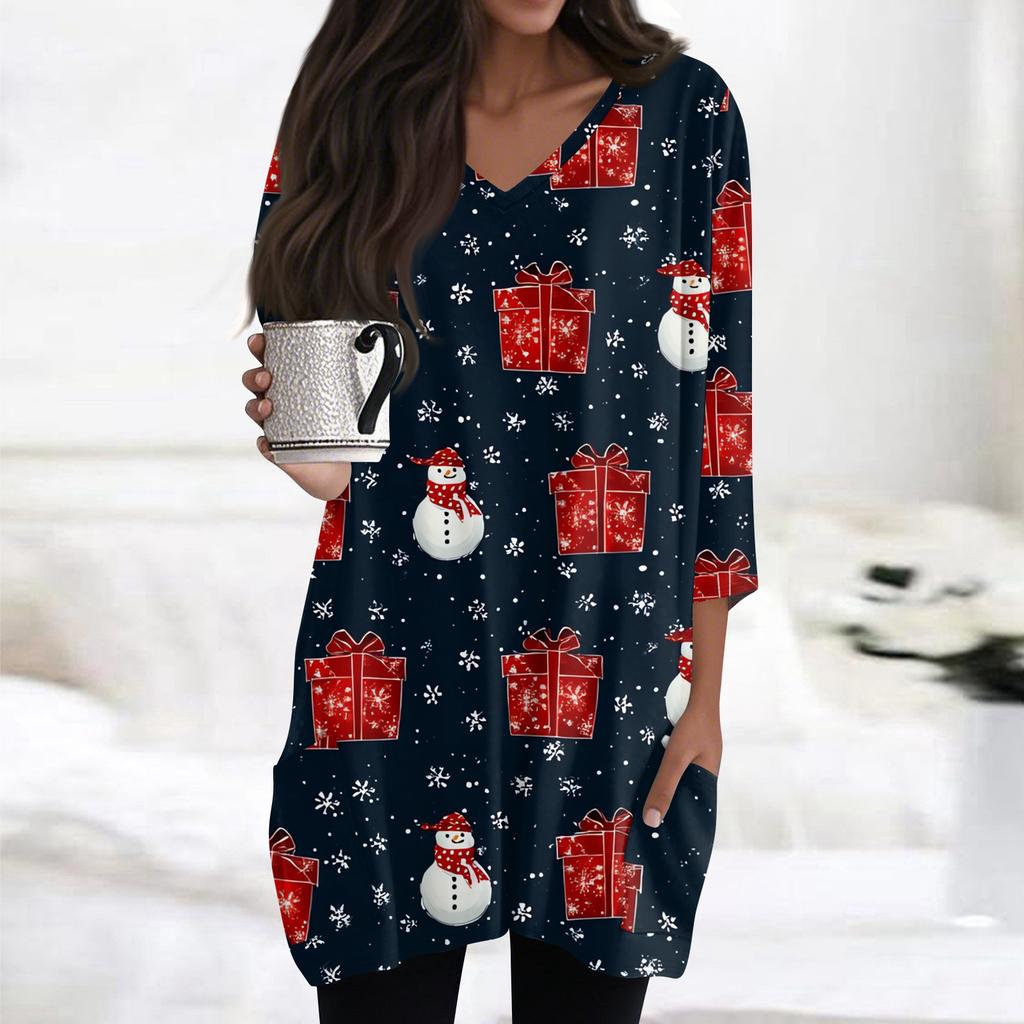 Женские топы с V-образным вырезом и рукавом 3/4, повседневные блузки средней длины, модные туники с рождественским принтом и карманами