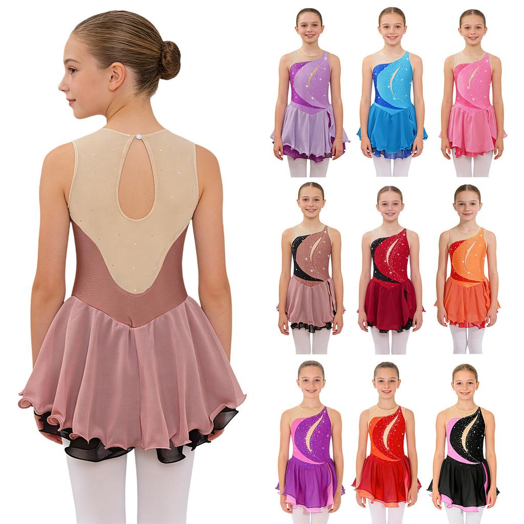 Детское сетчатое лоскутное платье без рукавов со стразами для фигурного катания на коньках, балетное трико, платье-пачка, танцевальная одежда