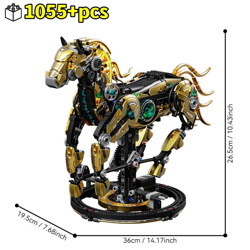 Non-Toxic 1055Pcs Golden Machinery Horse Building Blocks Movable Joint Animal Models Bricks Set With Light Kid Diy Toys Holiday Gifts