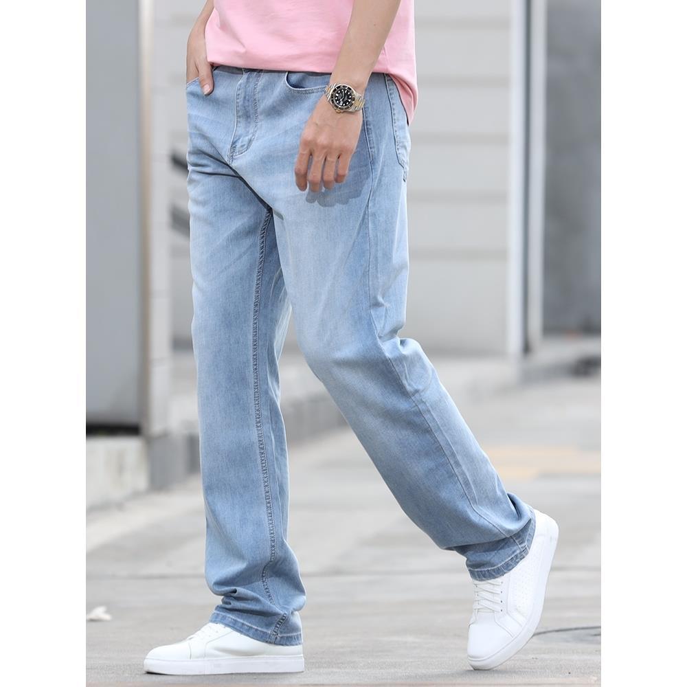 Men's Thin Loose Jeans Classic Straight Blue Business Casual Elasticity Cotton Denim Trousers Plus Size 40
