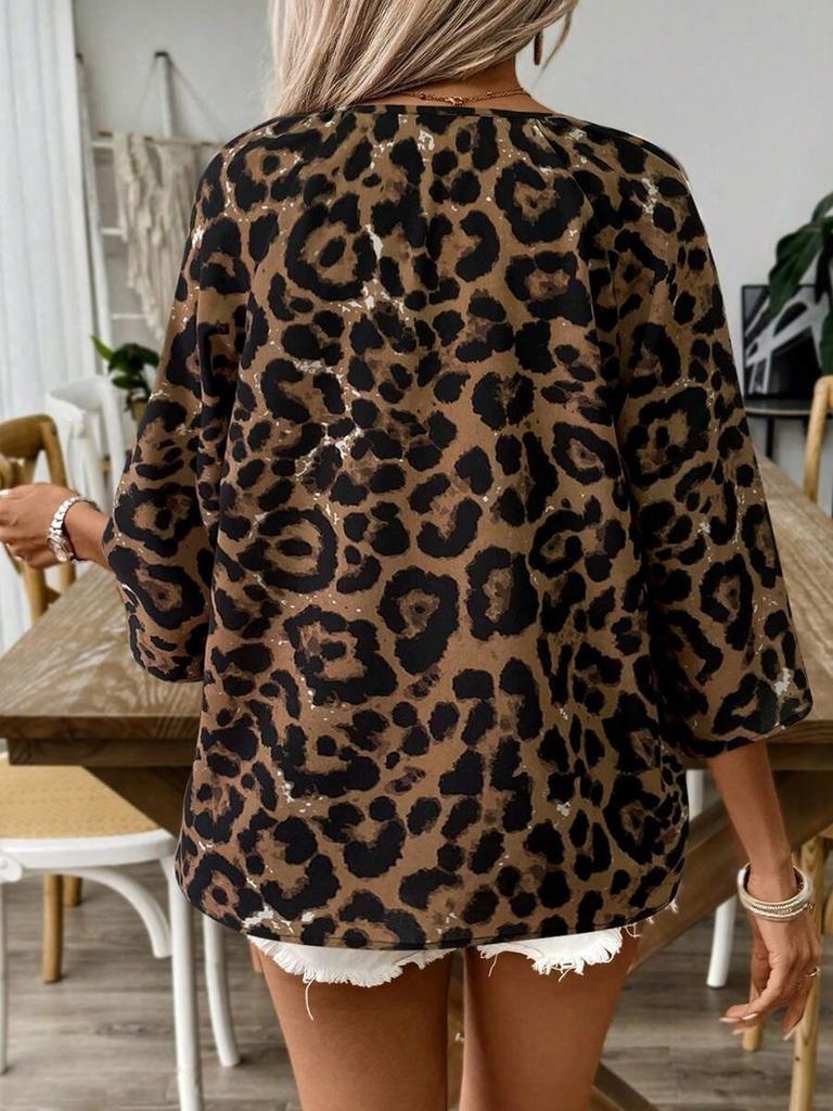 Весна Лето Женский Элегантный Повседневный Топ Бежевый Леопардовый Принт V-образный Вырез Рукав 7/8 с Рюшами Рубашка