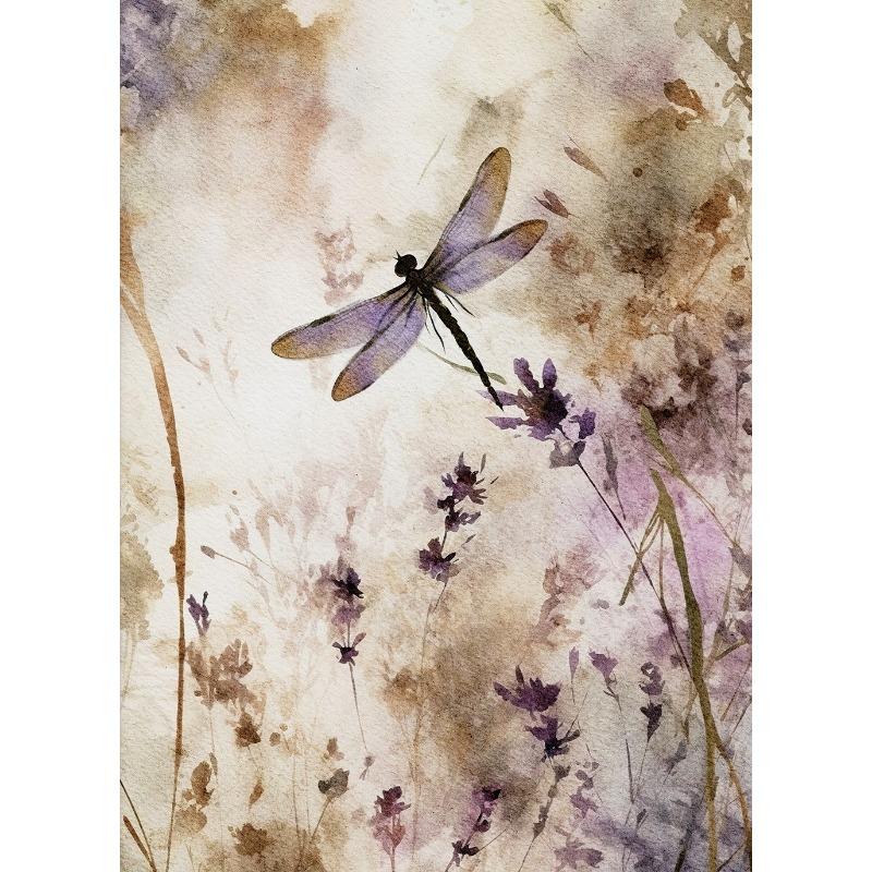 Постер Акварель Стрекоза Цветы Лаванды Зеленый Ботанический Фиолетовый Цветочный Насекомое Холст Живопись Настенное Искусство для Комнаты Домашний Декор