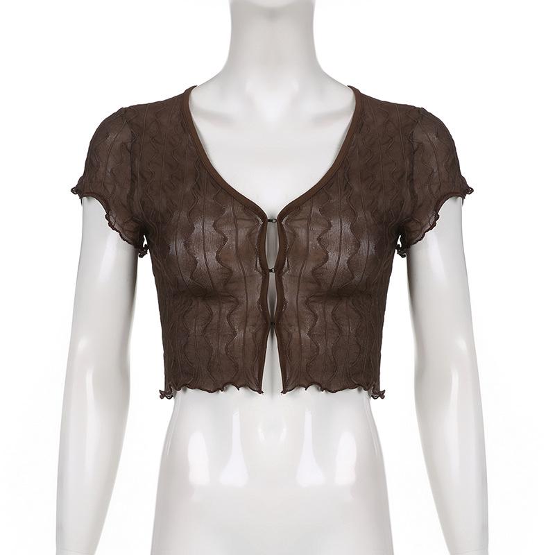 Women Retro Perspective V-neck Hollowed Cardigan T-shirt Tops Fashion Agaric Edge Short Bare Navel Top