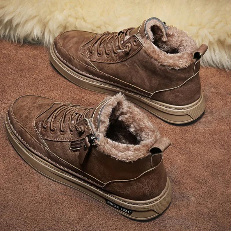 Модные зимние хлопковые ботинки для мужчин, высокие кожаные ботинки, теплые меховые короткие ботинки, ретро-мужские кроссовки, мужская рабочая обувь на молнии, Botas