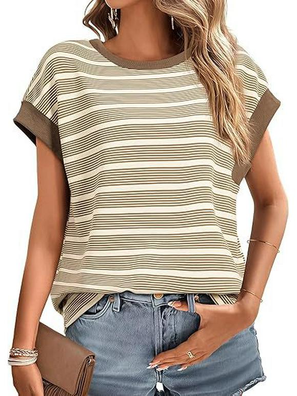 2025 Женская летняя трикотажная футболка свободного кроя в полоску, европейский и американский стиль, круглый вырез.
