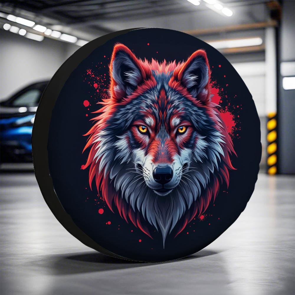 One Piece Of 2D Flat-Printed Car Tire Cover Featuring A Majestic Wolf Portrait With A Fiery Spirit, Made Of Polyester, Suitable