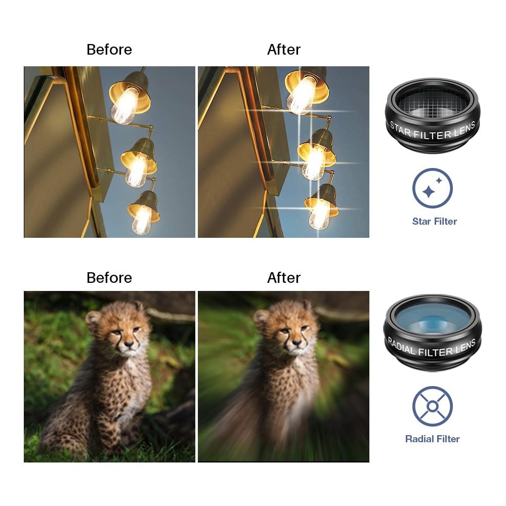 APEXEL 10 In 1 Phone Camera Lens Kit Fisheye Wide Angle Macro Lens CPL Filter Kaleidoscope and 2X Telescope Lens for Smartphone