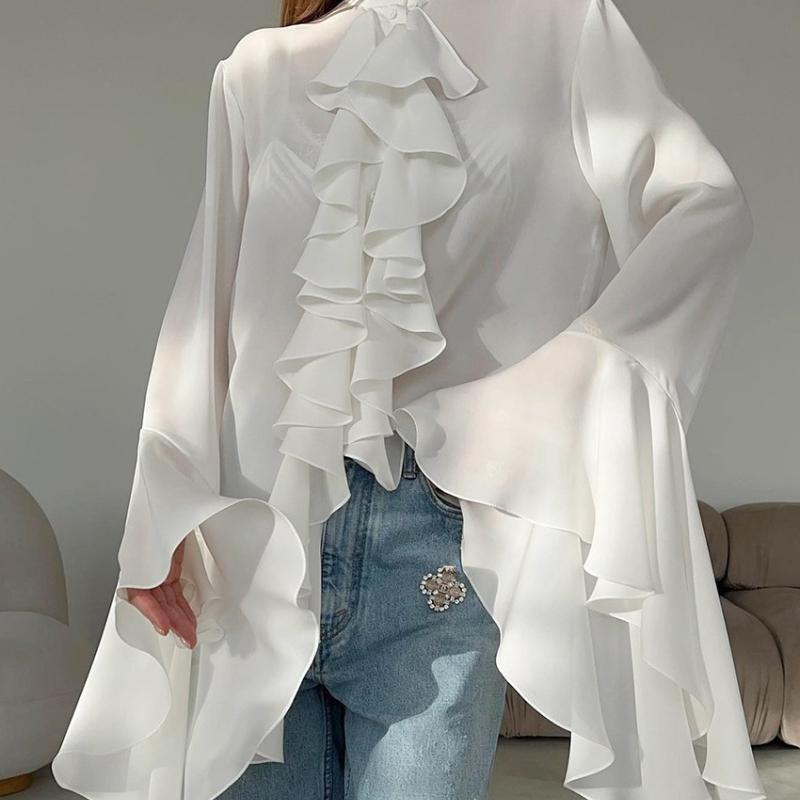 Women's White Fashion Patchwork Lace Flared Sleeves Loose Ruffled French Shirt Temperament Summer Women Elegant Chiffon Blouses