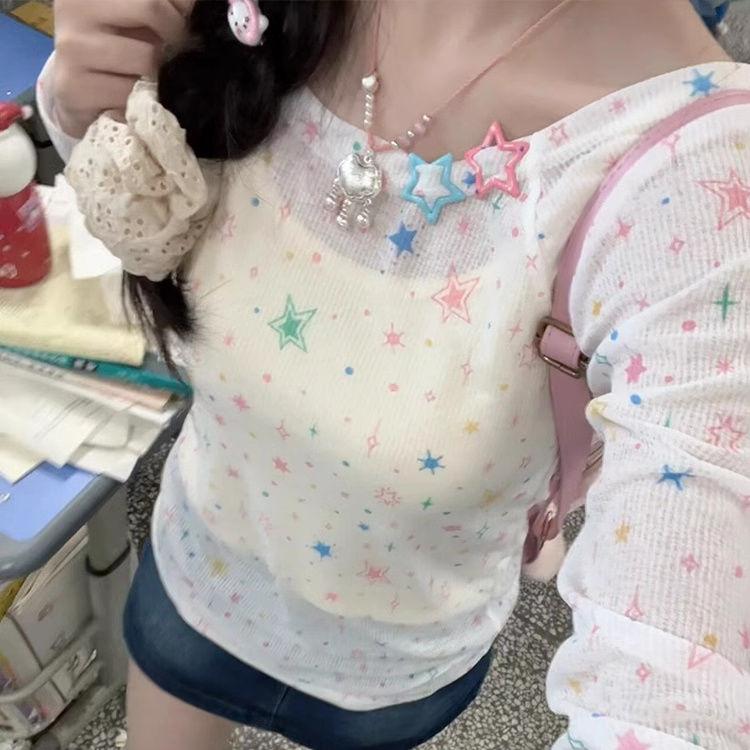 Star Design Sun Protection Cover-Up Printed Long-Sleeve T-Shirt Slim-Fit One-Shoulder Summer Figure-Flattering Spicy Girl Sunscreen Top