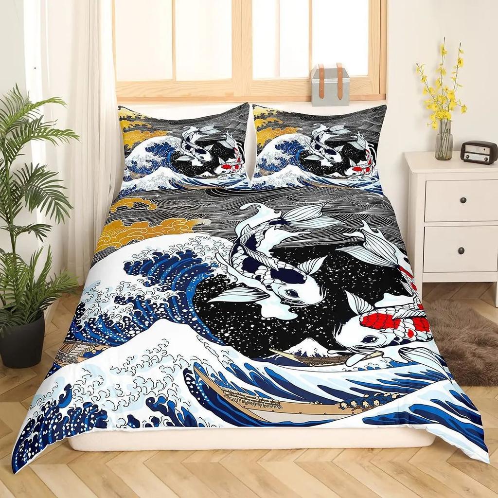 Japanese Wave Duvet Set Three-Piece Set, Japanese Traditional Painting Sea Theme Bedding Set