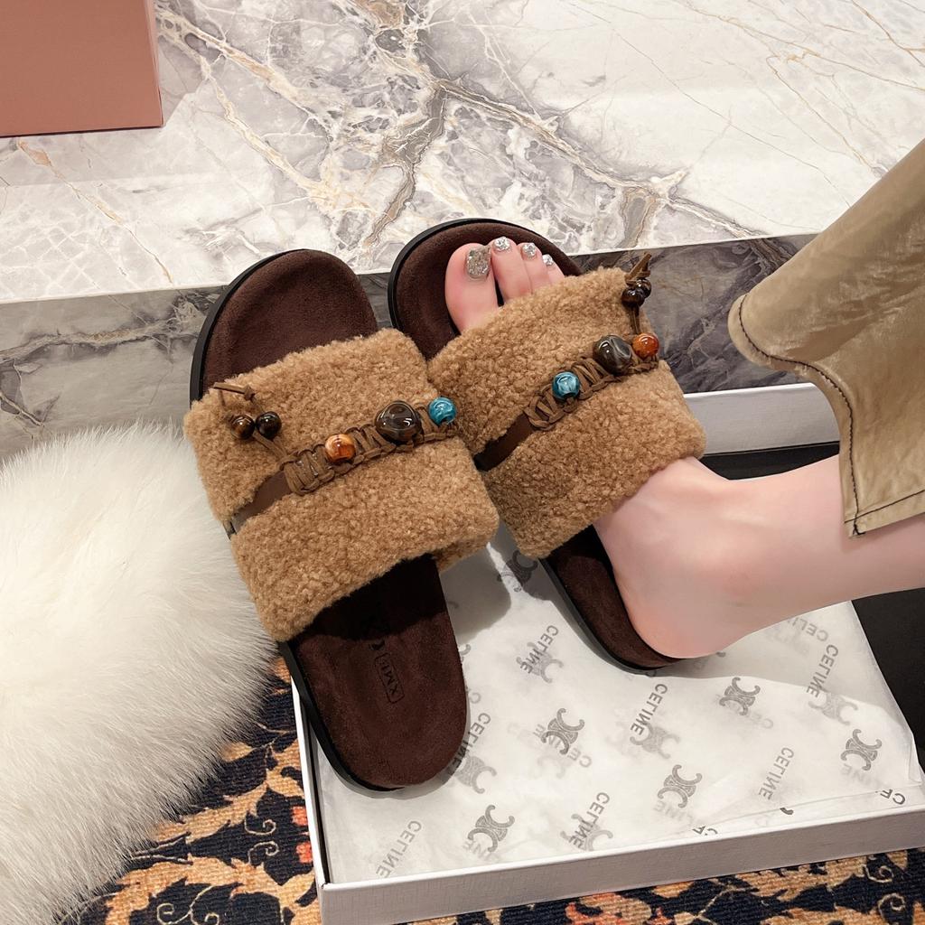 Retro tassel fluffy slippers women's 2025 autumn new outer wear casual versatile casual soft bottom lazy one-word drag