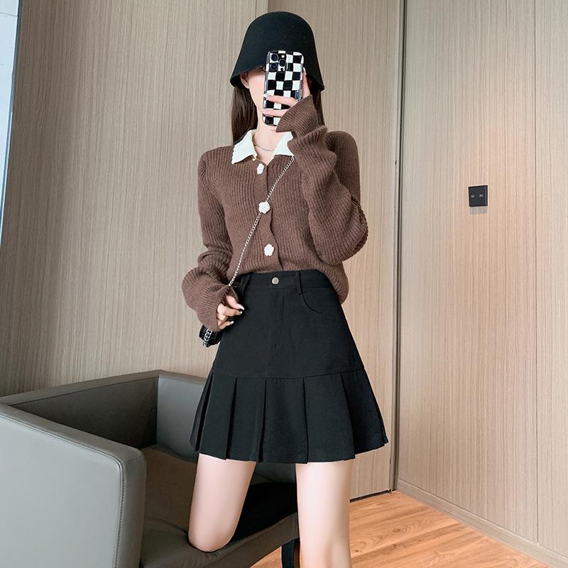 «Женская серая плиссированная юбка А-силуэта 2025 года — высокая талия, облегающий стиль в стиле колледжа на весну и осень»