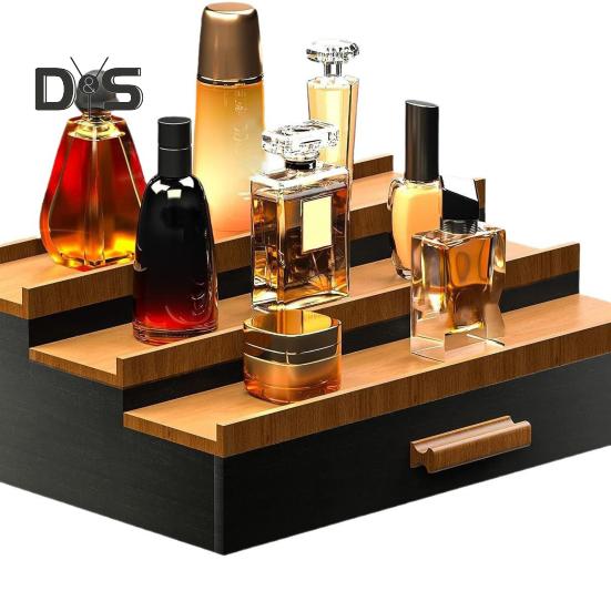 3 Tiers Wooden Perfume Display Stand with Storage Drawer Large Capacity Desktop Perfume Organizer Storage Box