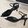 Fashion Luxury Mesh Thin High Heel Women Sandals Summer Fashion Pointed Toe Shallow Slide Shoes Comfort Elegant Belt Buckle Ladies Shoes
