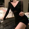 Модное сетчатое платье с V-образным вырезом и пэчворком, с длинным рукавом, женская новая весенняя узкая короткая юбка-карандаш