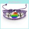 Unique Purple Leather Bracelet With Rainbow Flag Time Gemstone For Men And Women