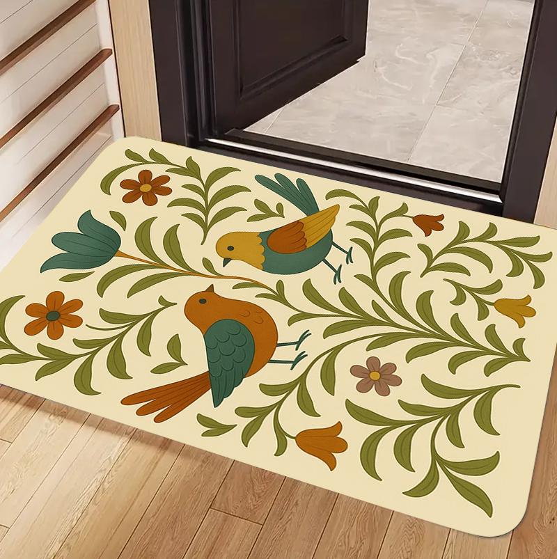 Vintage Ethnic Style Printed Carpet Symmetrical Rabbit and Bird Pattern Door Mat Cute Living Room Bedroom Entrance Carpet