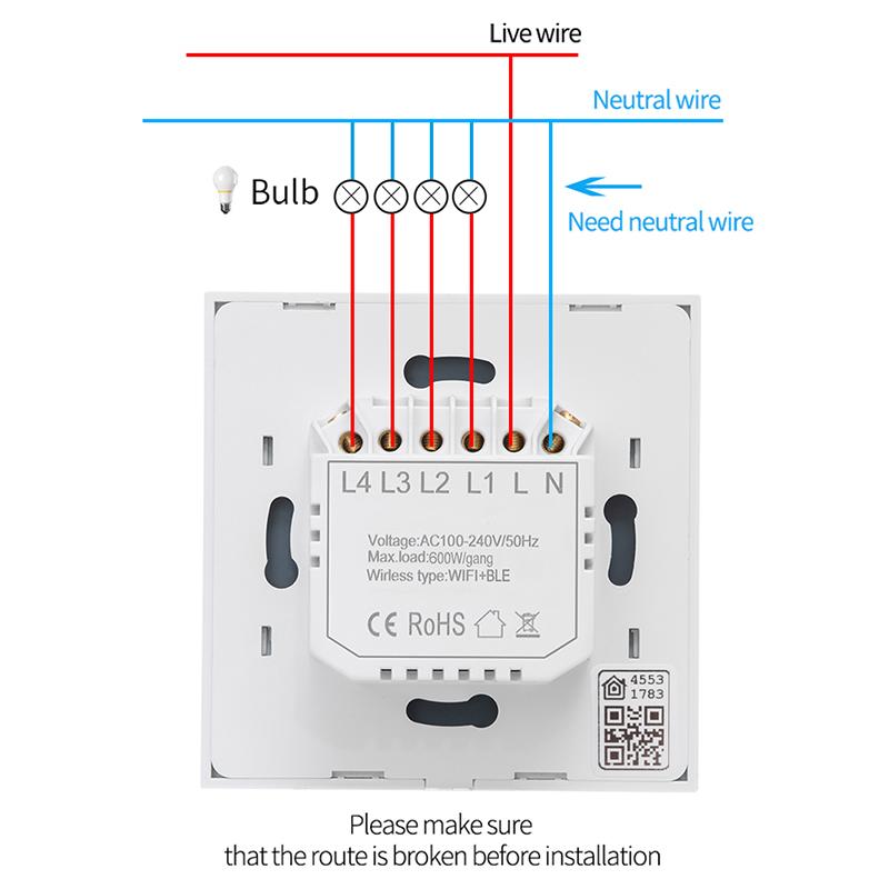 LangYeao UK EU 1/2/3/4 Gang 10A Home Automation WiFi Smart Light Wall Touch Switch Apple Siri Homekit with Neutral Wire
