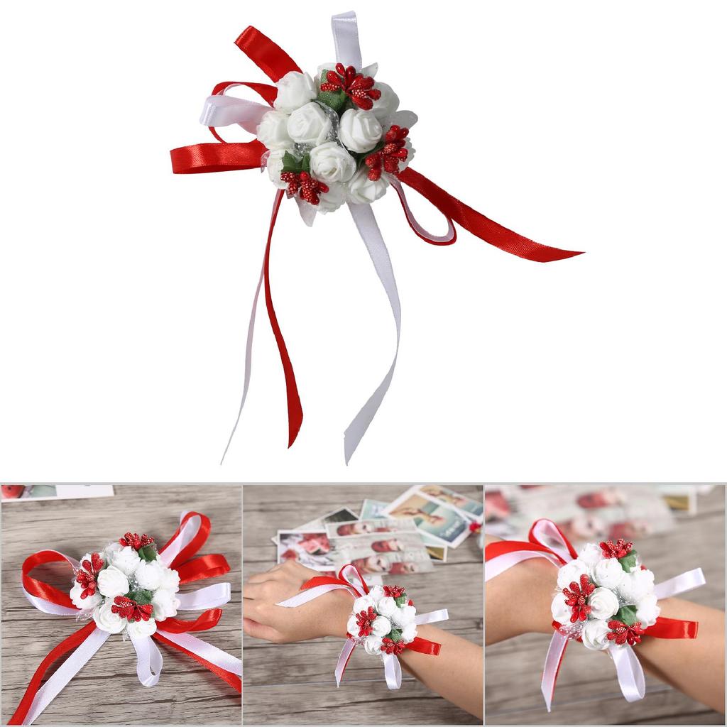 Beautiful Hand Ribbon Flower Bridal Bridesmaid Wrist Corsage Prom Wedding Decorations (Red)
