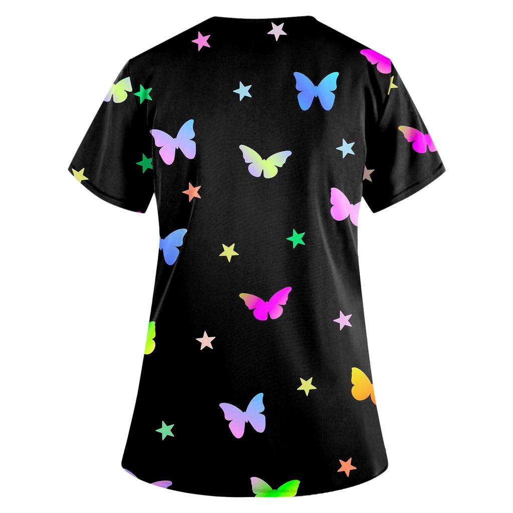 Women Fashion Butterfly Print V-neck Short Sleeve Workwear With Pockets Tops