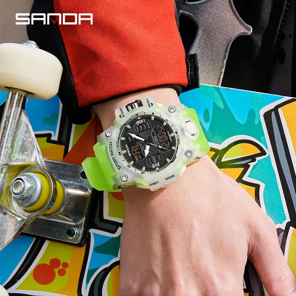 SANDA Спортивные военные мужские часы, роскошные часы с двойным дисплеем, водонепроницаемые кварцевые наручные часы 50 м для мужчин