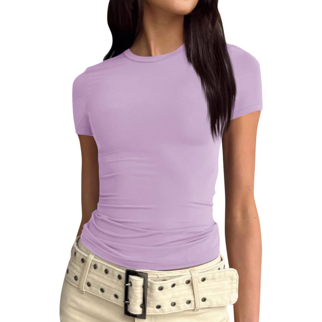 Women Short Sleeve Soild Sexy Cute Tee Slim Fit Tight Crop-Top T Shirt