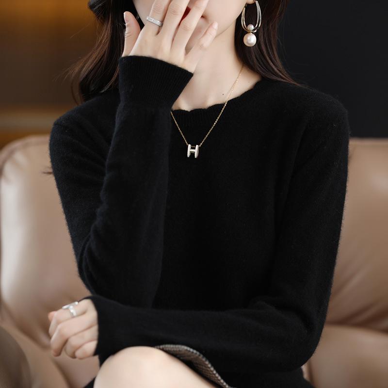 Женский повседневный кружевной свитер с круглым вырезом и длинными рукавами - мягкая вязка, коллекция осень/зима 2024 года