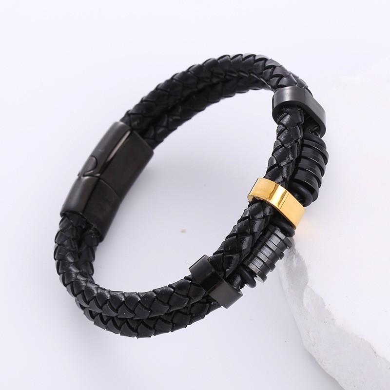 Stainless Steel Leather Braided Bracelet Men Minimalist Geometric Rhombus Design Gold Black