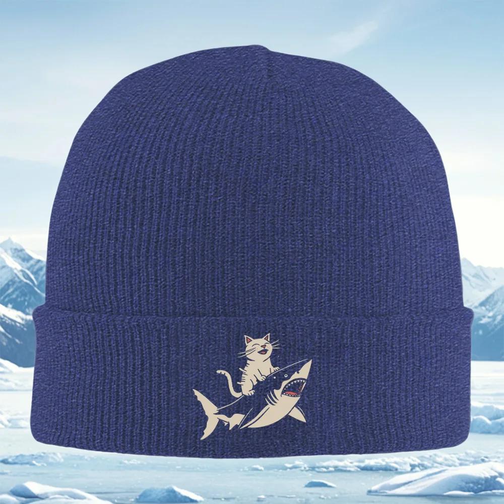 Cat riding shark Funny animal fun Unisex Women Unisex Knitted Hat Beanie Pullover Cap Winter Thermal Warm Christmas Outdoor Cycli