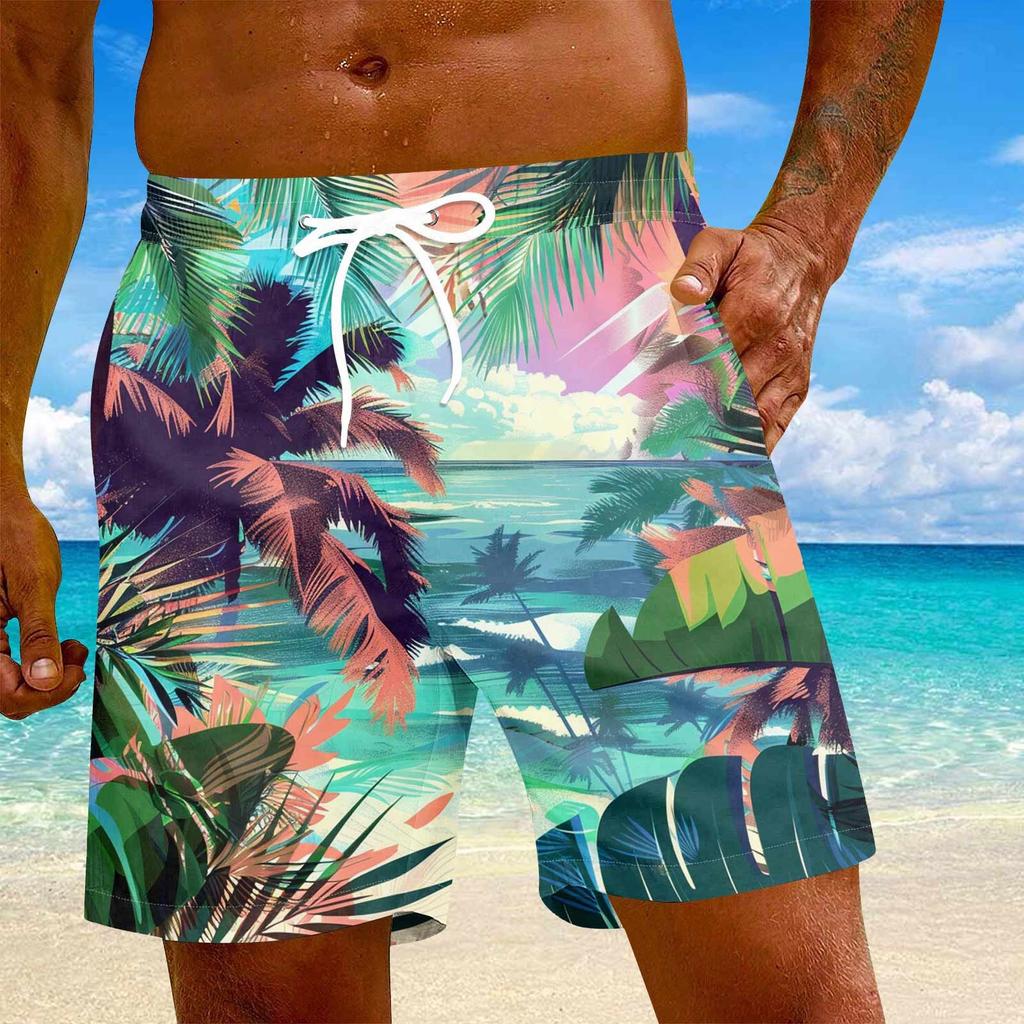 Men's Fashion Hawaiian Print Elastic-Waisted Casual Yoga Pants Beach Shorts