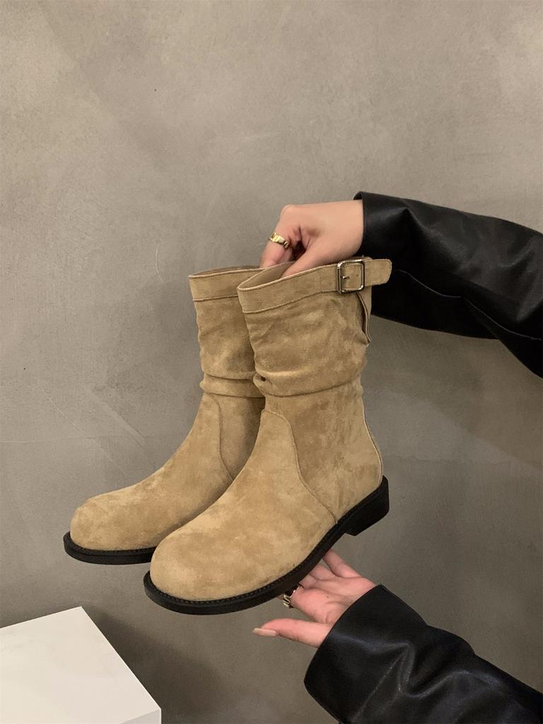 Ретро полусапожки на толстом каблуке, рыцарские сапоги, женская обувь 2024, новые осенне-зимние присборенные короткие сапоги, ботинки Мартин