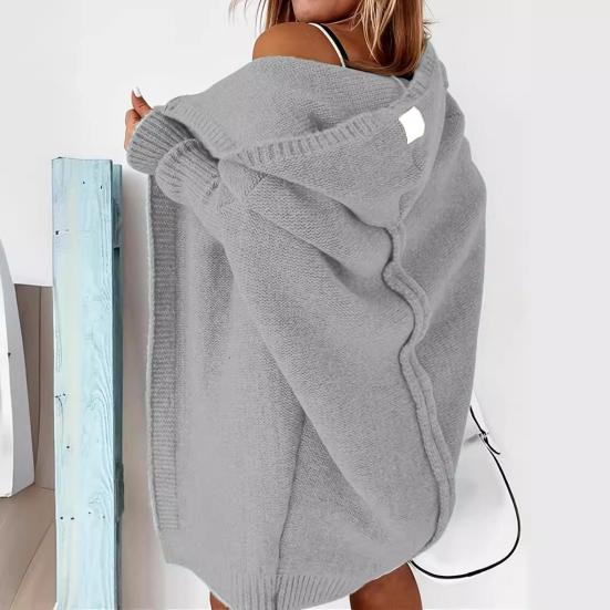 Женский свитер, пальто с капюшоном, длинный рукав, ребристые манжеты, открытая передняя часть, вязаное пальто, однотонный свитер средней длины, кардиган