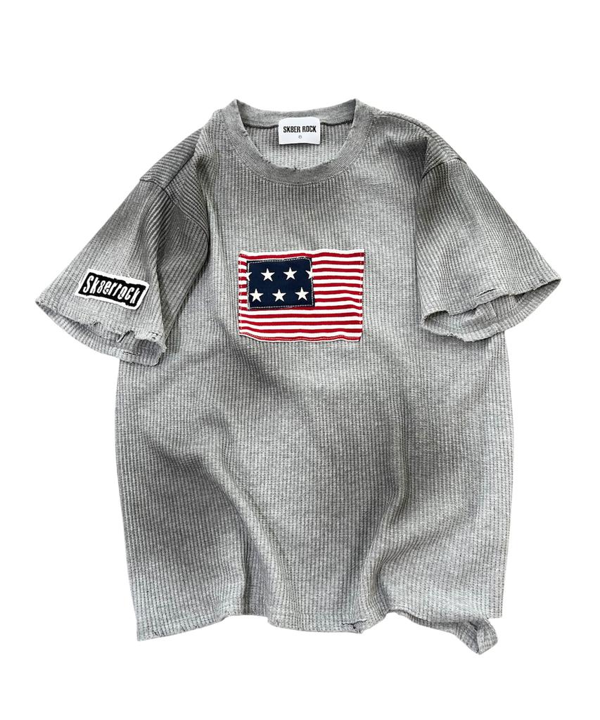 SK8ER ROCK Grunge Flag Waffle T-Shirt ((Melange Gray))