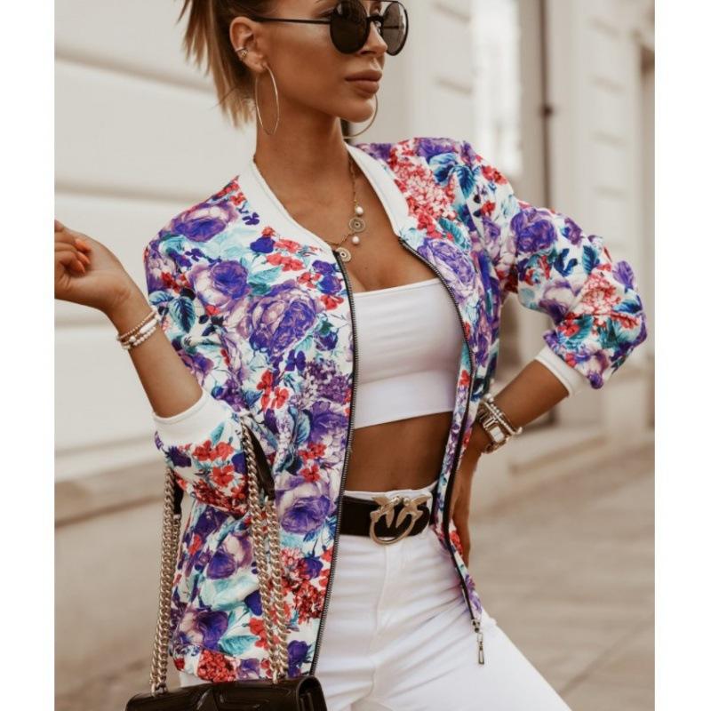 Женская модная короткая куртка с цветочным принтом, повседневная уличная одежда на молнии, облегающая посадка