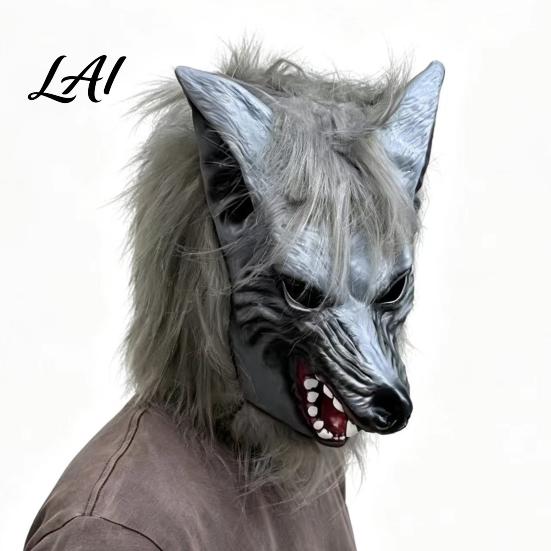 Adult Size Latex Mask Halloween Werewolf Full Head Mask Wolf Cosplay Headgear with Scary Party Headwear Realistic Fur Haunted House Prop Adjustable