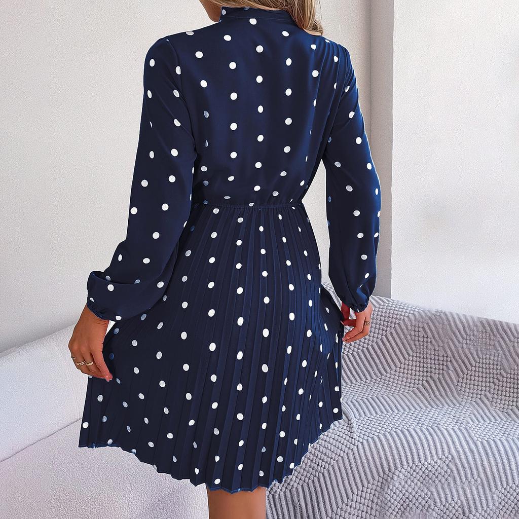 Ladies Spring And Summer New Temperament Polka Dot Lace-up Waist Long-sleeved Pleated Dress