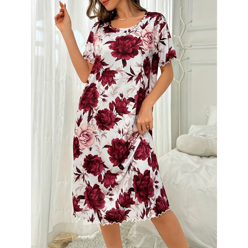 Большой размер, круглый вырез, короткий рукав, синий цвет с цветами абрикоса, домашняя одежда, ночная рубашка, платье, повседневный стиль, женская одежда с принтом