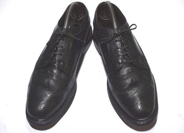 USA Pre 80s Vintage NYLON Heel Grain Leather Long Wingtip 9.5D 27.0-27.5 Black American Brogue Dress Shoes(USED)