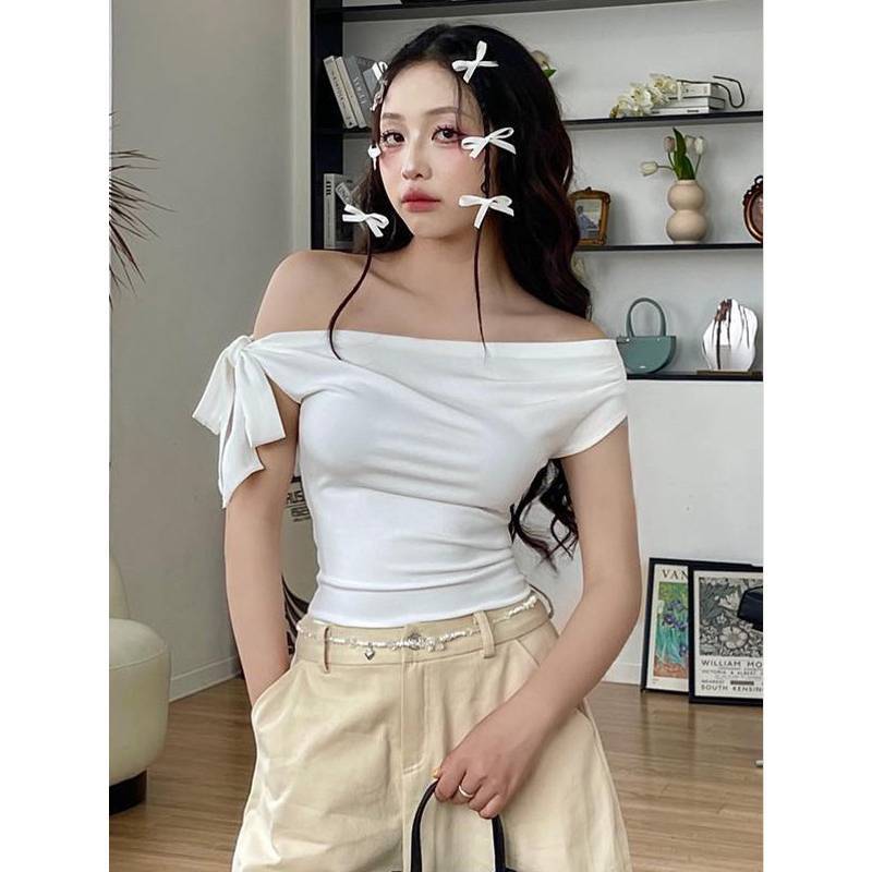 Minimalist Off Shoulder T Shirt For Women With Asymmetric Design And Polyester Fabric