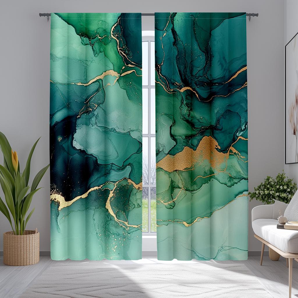 2pc Green jade marble print pattern curtains, polyester fabric machine washable, suitable for bedroom and living room decoration
