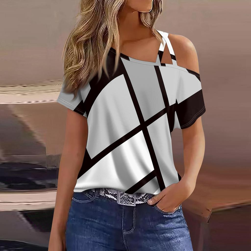 Women's Fashion Casual Print Sexy Cold Shoulder Short Sleeve T-shirt Top