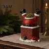 Christmas Gift for Gardeners Santa Claus in Smokestack Flower Pot Ornament, Resin Decorative Plant Unique Holiday Table Centerpiece Container,
