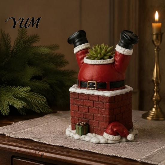 Christmas Gift for Gardeners Santa Claus in Smokestack Flower Pot Ornament, Resin Decorative Plant Unique Holiday Table Centerpiece Container,