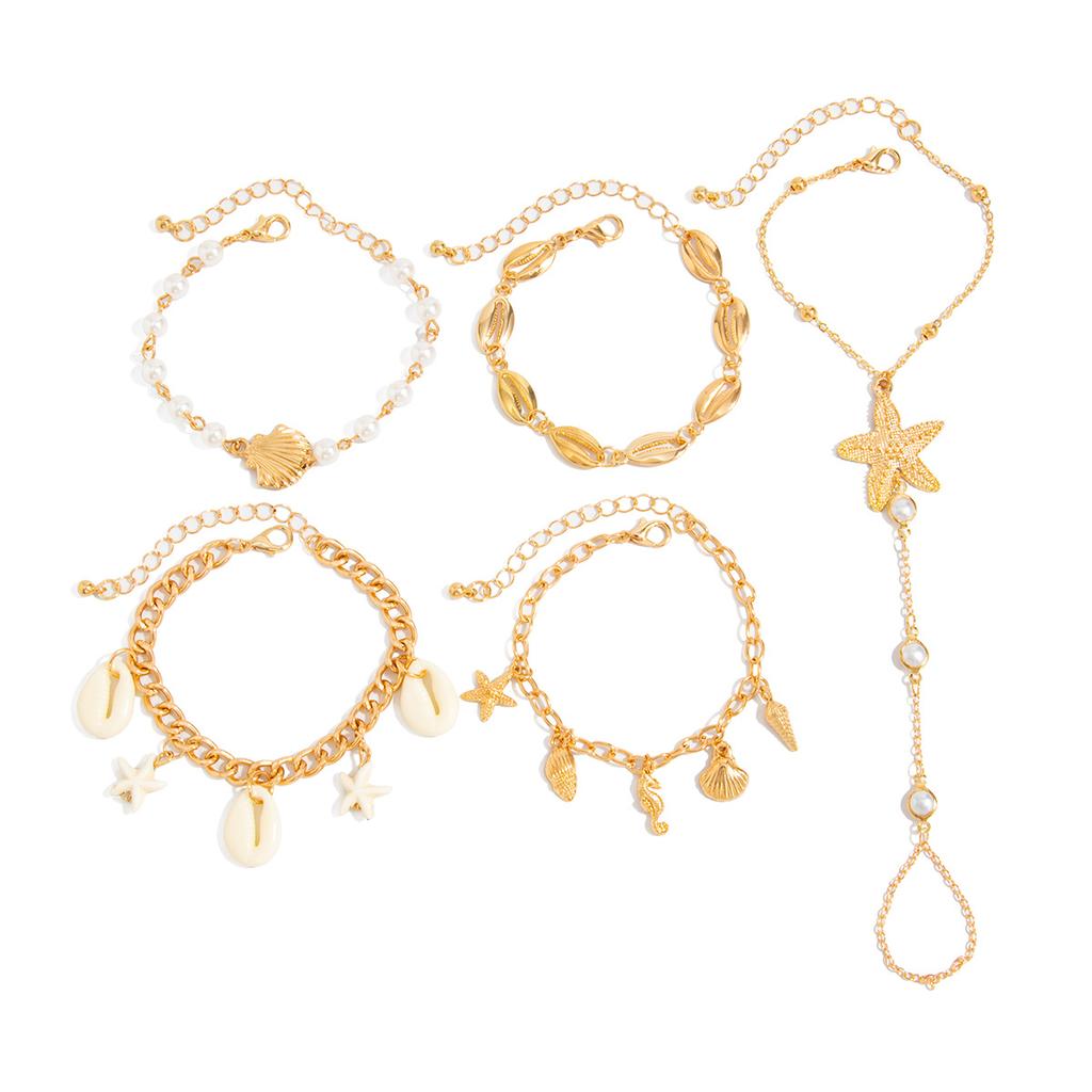 Holiday Style Starfish Shell Pendant, Finger Bracelet, Ocean Ins, Imitation Pearl Chain, Back Chain, Female