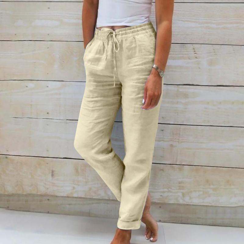 2024 Новые женские летние эластичные поясные карманы с карманами, однотонные хлопковые и льняные широкие брюки, свободные брюки с девятью очками