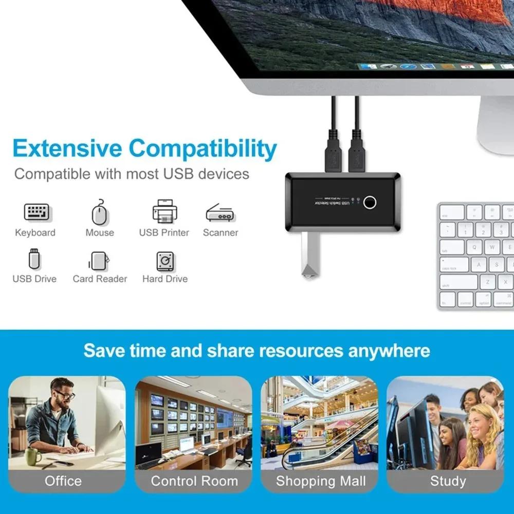 2 In 4 Port USB KVM Switch USB2.0/3.0 Selector for 2 PCs Share Keyboard Mouse Printer Flash Disk Plug & Play Win Mac Linux
