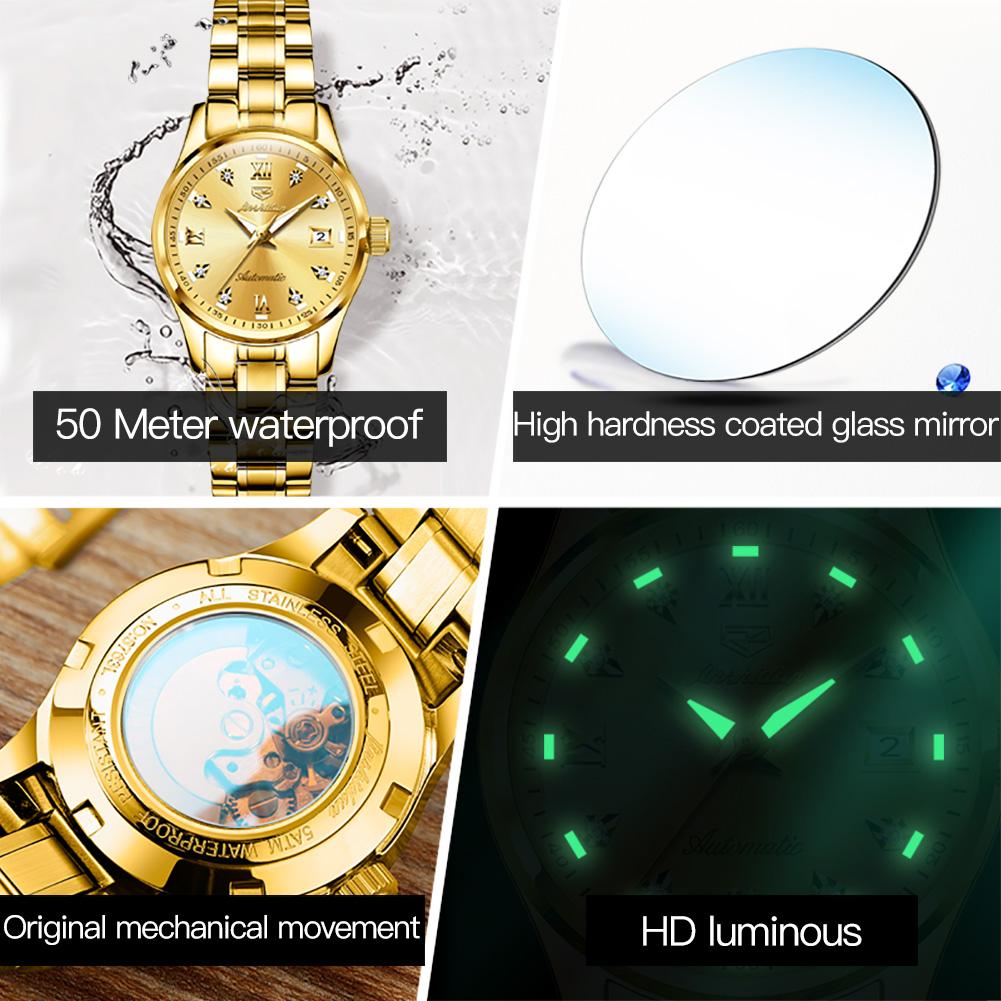 JINSHIDUN Brand Watch Heart Steel Automatic Mechanical Single Calendar Luminous Waterproof Women's Watch Women's Watch