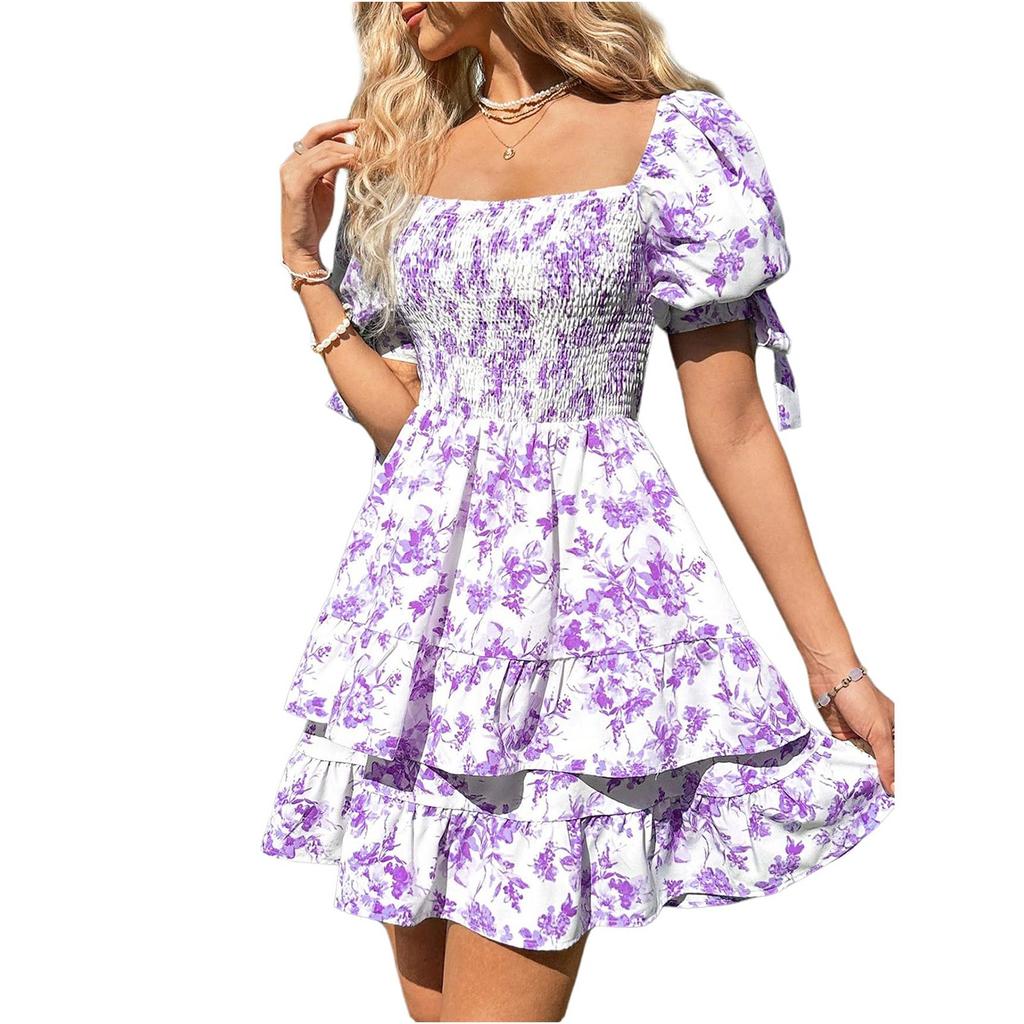 Women's Fashionable Floral Print Square Neck Pleated Short Sleeved Vacation Casual Dress