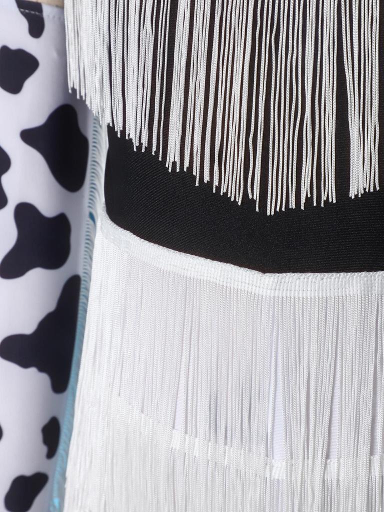 Girls Cowgirl Costume Dance Outfit Printed Sleeveless Layered Tassel Contrast Color Jumpsuit Fringed Gloves