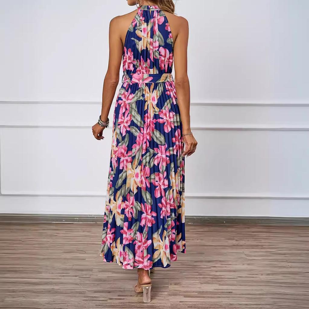 Женское шифоновое длинное платье с цветочным принтом во французском стиле, эластичные платья трапециевидной формы с короткими рукавами, летнее пляжное платье с богемным принтом